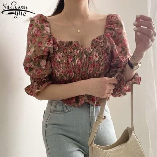 Chic Retro Flowers Printed Womens Shirt Loose Bubble Sleeve Top Female Sweet Square Collar Vintage Blouse Chiffon Blouse 14334