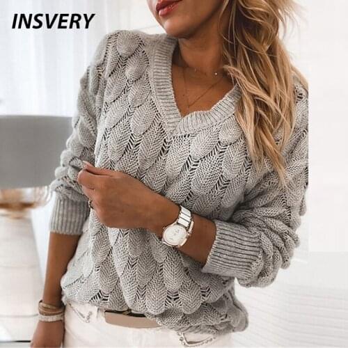 Knitted Sweater V Neck Pullover Feather Pattern Loose Autunm Winter Solid color Vintage Long Sleeve Daily Tops Women Clothes New