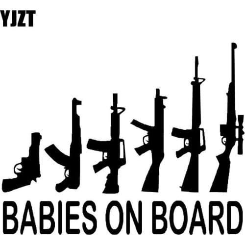 YJZT 12.7x9.9CM BABIES ON BOARD Cartoon Gun Car Sticker Black/Silver Vinyl Decals S8-0009