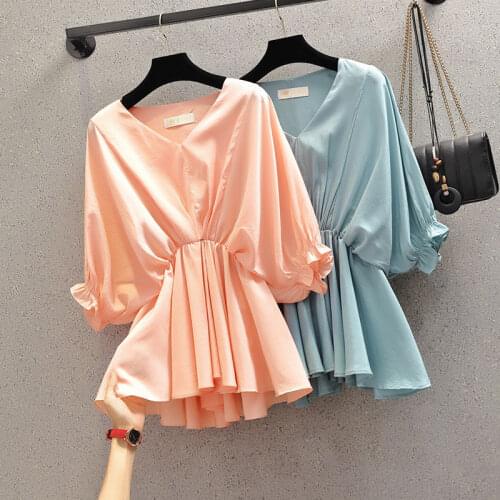 Plus Size WomenS New Year New Slim V-Neck Blouse WomenS Mid-Length Loose Korean Chiffon Shirt Summer Dress