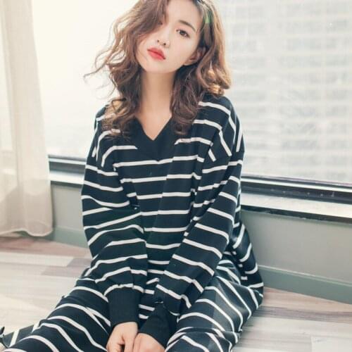 Yomrzl A562 spring and autumn cotton womens nightgown one piece simple daily sleep dress stripes long sleeve sleepwear