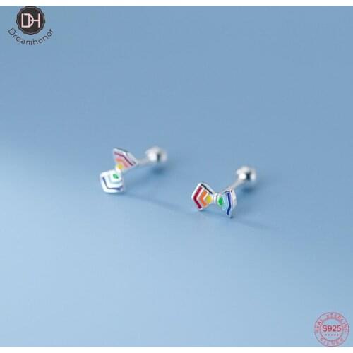 Dreamhonor Rainbow Bowknot Screw Stud Earrings Brincos For Women Girl 925 Sterling Silver Gifts