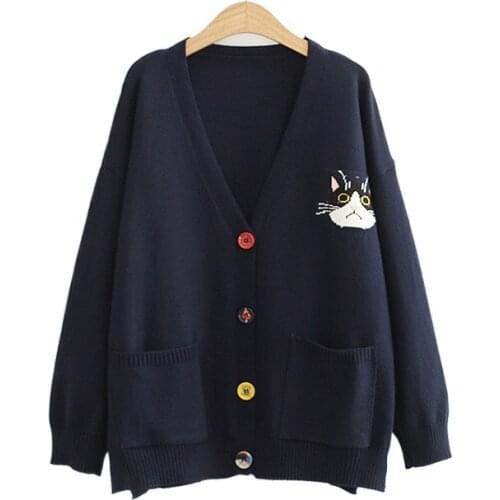 Harakuju Cartoon Cat Knitted Women Cardigans 2021 Winter Full Sleeve V-neck Sweater Korean Fashion Female Kawaii Jumpers Coat