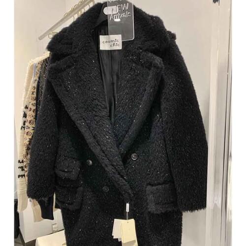 Winter Teddy Coat Women Black Turn-Down Collar Long Double Breasted Alpaca Fur Outwear Metal Fiber Silver Warm Coat