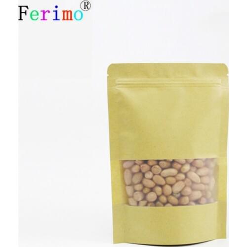100pcs 18 x 26 cm(7 x10.2in) Film Kraft Paper Zipper Bag Stand Up Food Storage Pouch With Window Package Bags Wholesale