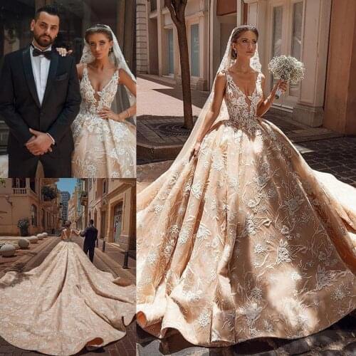 2021 Modest Ball Gown Wedding Dresses V Neck 3D Lace Appliques Ruched Bridal Gowns Plus Size Cathedral Train Royal Luxury
