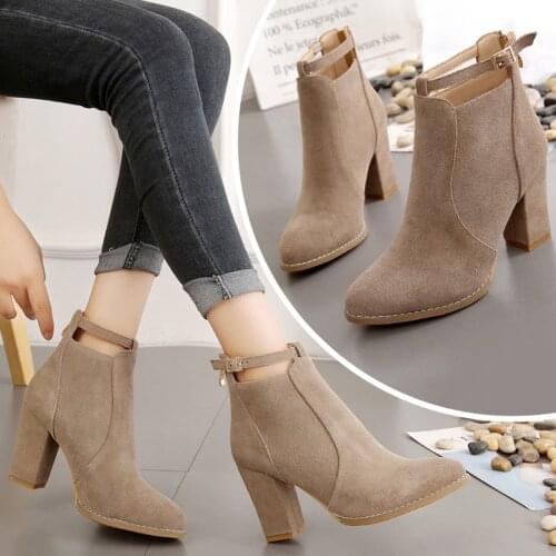 Ankle Boots Womens Fashion Ankle Boots With Thick Heels And High Heels Flock Material Shoes Lady Autumn Boots Zapatos Mujer