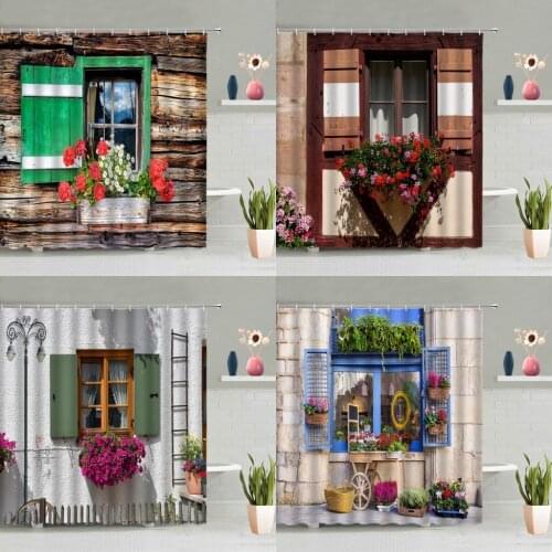 Retro Window Flowers Shower Curtain Set Vintage Door Color Floral Plants Bathroom Bathtub Decor Screen Washable Hanging Curtains