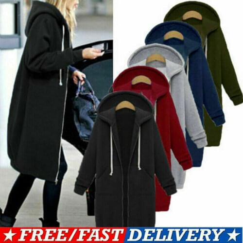 Ladies Long Sleeve Hooded Hoodie Sweatshirt Coat Jacket Womens Overcoat Outwear