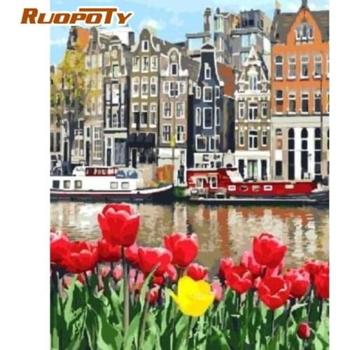 RUOPOTY Painting By Numbers Kits Red Flower And River House Oil Picture By Number Modern Home Decor Wall Art Crafts 40x50cm