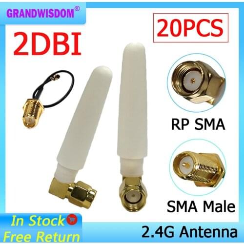 20pcs 2.4GHz WiFi Antenna 2dBi Aerial RP-SMA Male Connector 2.4 ghz antena wi-fi +21cm PCI U.FL IPX to SMA Male Pigtail Cable