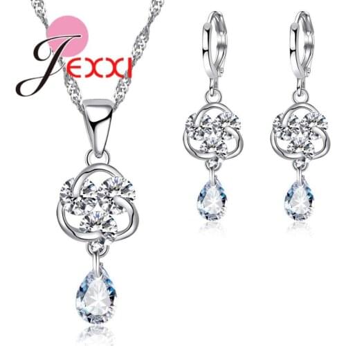 Exquisite Austria Crystal Water Drop Necklace Ear Pendant 925 Sterling Silver Crystal Flower Jewelry Sets for Women Girls