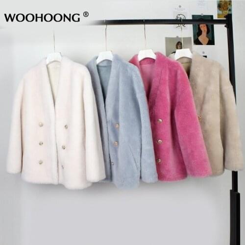 Cashmere Real Fur Coat Female Coat Sheep Hair Long Coat Wool Composite Fur Women Woolen Furry Short Jacket Double Breasted