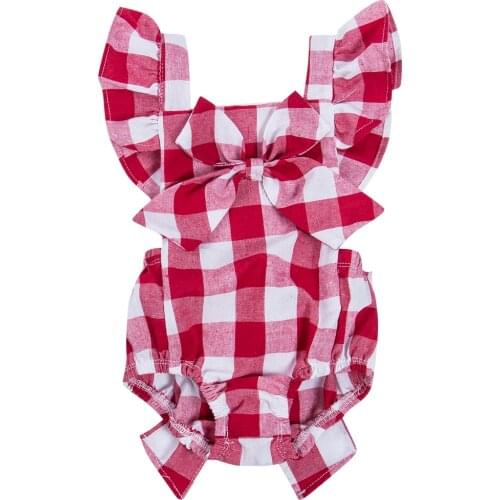 Newborn Kids Baby Girls Sleeveless Plaid Ruflles Romper Backless Bow Jumpsuit Summer Cotton Clothes Outfit Christmas 0-18M