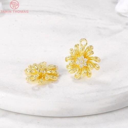 6PCS 12x14MM Hole 1.5MM 24K Gold Color Brass with Zircon Flowers Charm Pendants for DIY Jewelry Making Findings Accessories