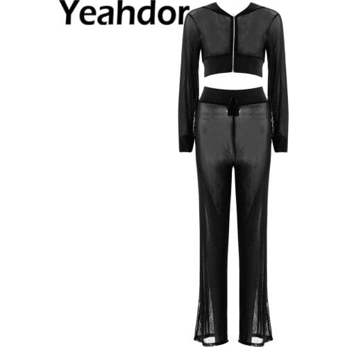 New Women Mesh See Through Swimwear Bikini Cover Up Hoodie Crop Tops and Pants Set Female Sexy Beach Party Outfit Beachwear