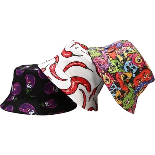 Unisex Cartoon Print Bucket Hats Funny Summer UV Protection Wide Brim Fisherman Caps