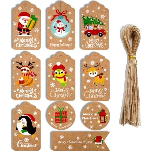 50pcs Merry Christmas Gift Tags Kraft Paper Card Hang Tag Christmas Party Favor Gift Bags Hanging Decoration Accessories Label