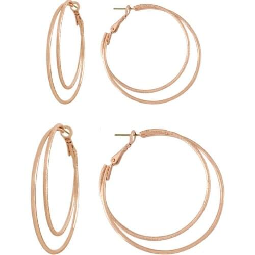 Casual Rosegold Color Plating Double Circled 2 Pairs Hoop Earrings For Women Girl Elegant Gorgeous Daily Jewelry Accessory
