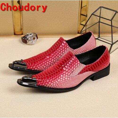 Choudory european mens dress shoes iron pointy classic genuine leather loafers red crocodile skin prom shoes flats