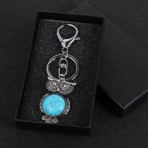 Vintage Owl Pendant Key Chain For Men Women Natural Turquoises Opal Tiger Eye Stone Fashion Keychain Ring Party Jewelry Gift