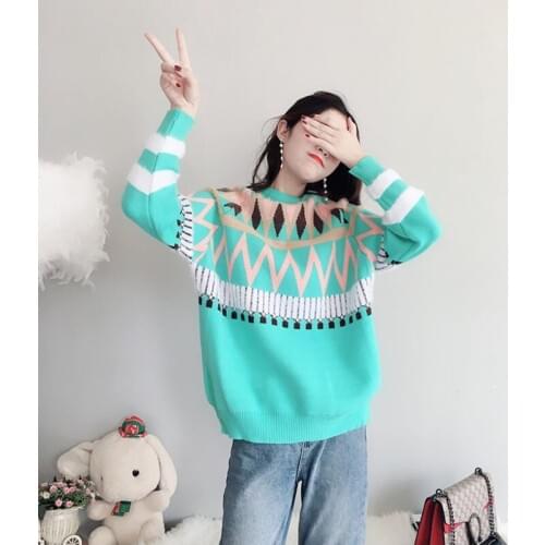 Womens Loose Pullover Sweater Autumn Winter Covered Belly Line New Geometric Pattern Knitted sweaters Wild Shirt Female C76