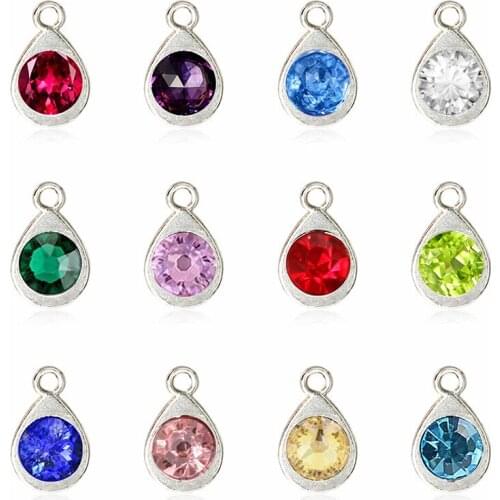 12pcs Water Drop Birthstone DIY Birthday Stones 12 Months Alloy Size 6.99*11.28mm Charms Pendants