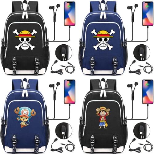 Anime Skull One Piece Attack on Titan USB Headphone Jack Boy Girl School bag Women Teenagers Canvas Men Laptop Backpack Packsack