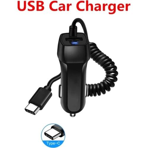 Car Charger Type - C USB Port Ligh-tning Fast Charging Built-in Coil Cable with Spring Wire