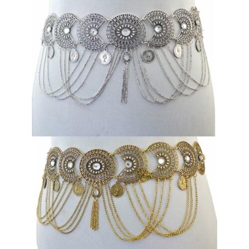 Gypsy Bohemian Belly Chains Bronze color Inlay Crystal Hollow Out Flower Tassel Chain Coin Dance Belt Waist Body Chain Jewelry