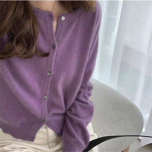 2021 Purple Long Sleeve Button Up Cardigan Women Autumn Button Front O Neck Solid Coat Casual Outerwear Crop Cardigans ZY5590
