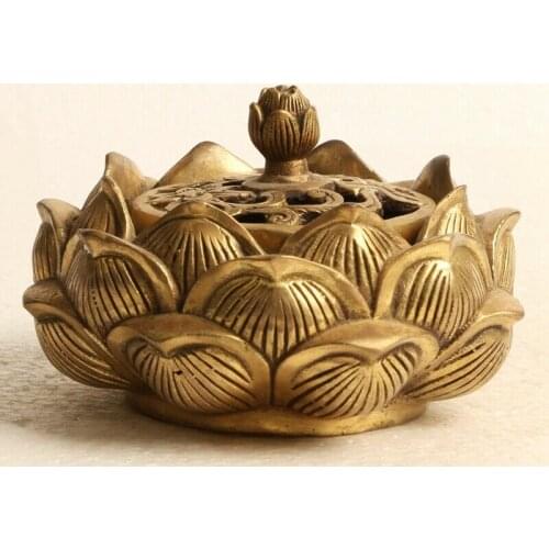 Chinese Brass Incense burner Hand Carved Lotus flower W Qianlong Mark