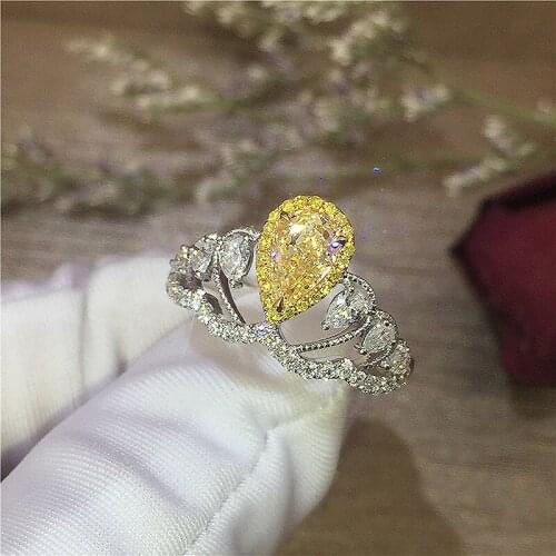 Centre 1ct Pear Yellow Moissanite Tourmaline Ring Side Small Pear Ring Solid 18K White Gold 1ctw Fine Gold Jewelry For Women