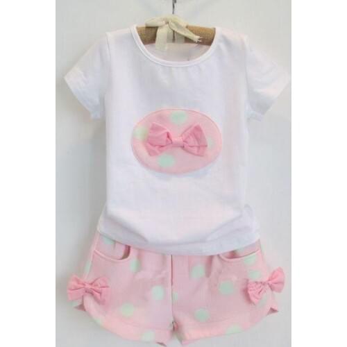 Hot sale fashion kids girl summer set 2019 girls new short sleeve polka dots bow T-shirt + shorts clothing set 2-7 years