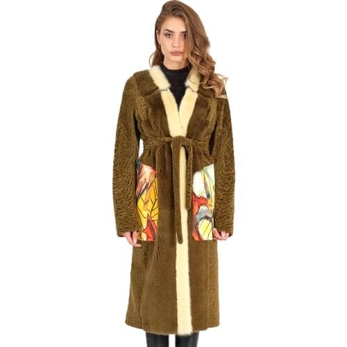 MODAQUEEN Store Women Leaf Patterned Printed Zig Leather Accessory Mink Fur Coat 2037-O - Custom Design Luxury Clothing New