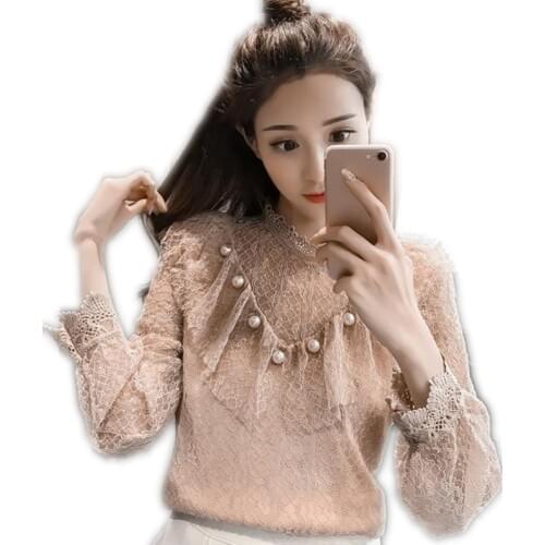 Fashion Sweet Pearls Women 2018 New Spring Summer Lace Blouses Long Sleeve Shirts Stand-Collar Women Blouses Transparent Q055