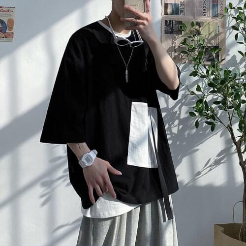 2021 T-shirt Mens High Street Short-sleeved Loose Large Size Round Neck Patchedworked Harajuku Cotton Summer Mens clothing