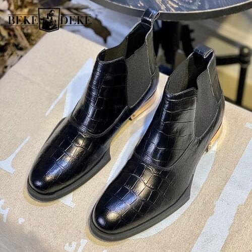 British Style New Mens Genuine Leather Chelsea Boots Round Toe Crocodile Pattern Cowhide Vintage Fashion Outdoor Ankle Boots