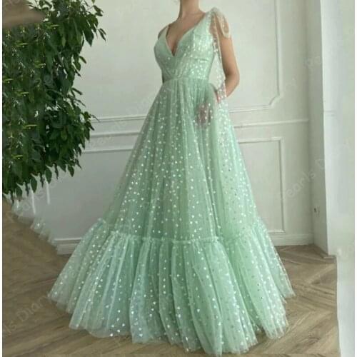 Mint Green Long Prom Dresses 2021 Cheap Formal Evening Party Gowns V Neck Women Hearty Tulle Vestido de Formatura Prom Dresses
