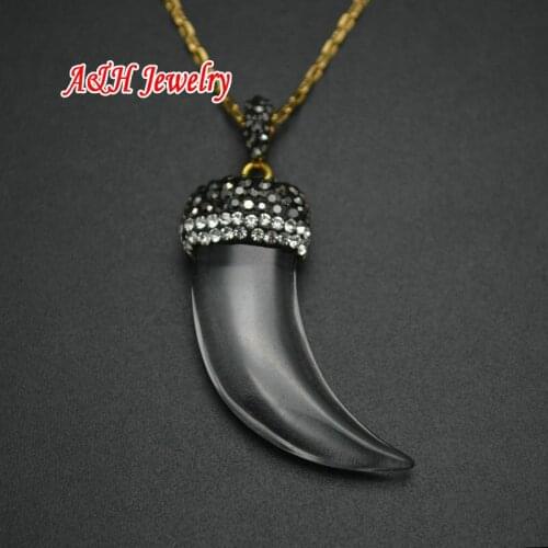 New Fashion Jewelry Horn Shape Natural Rock Crystal Pendants With Rhinestone Paved 16'' Chain Women Pendant Necklace 5pc/lot
