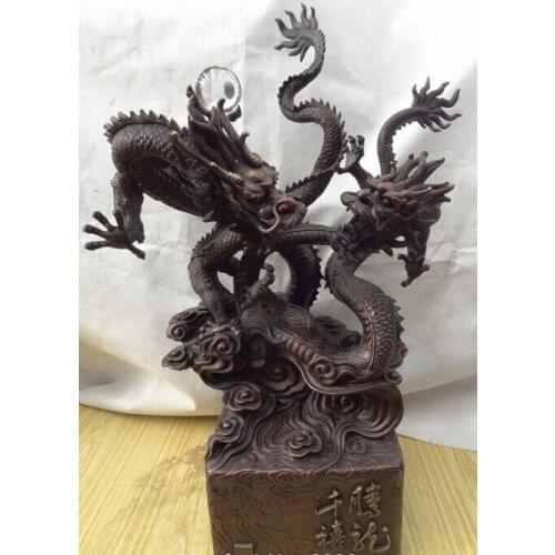 Wholesale factory 29" Chinese Pure Bronze Year Zodiac Folk Decoration Brass Wealth 2 Dragon Statue 25% off