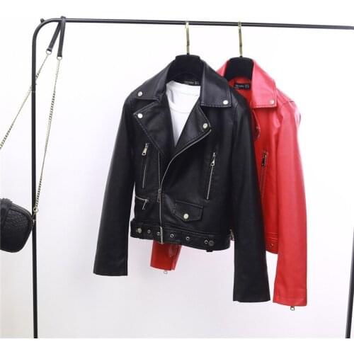 Autumn New Womens European American Pu Jacket Short Lapel Slim Locomotive Leather Acket with Belt Delicate Comfortable