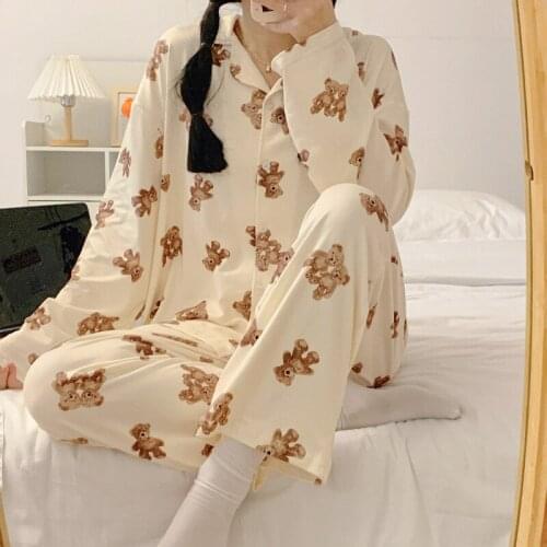 Womens Cute Cartoon Pajamas Set Turn-down Collar Pyjamas Long Sleeves Suit Soft Female Sleepwear Autumn Homewear Home Services