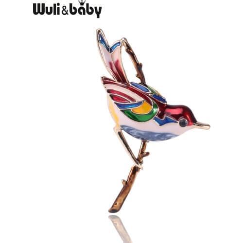 Wuli&baby Singing Bird Brooches Women 2-color Enamel Bird On the Branch Party Casual Office Brooch Pins Gifts