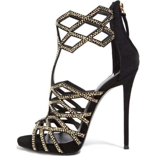 Geometric Laser Woman Sandals Crystal Embellished Cut-out High Heels Dress Shoes 2018 Newest Back Zipper Cage Shoes Gold Black
