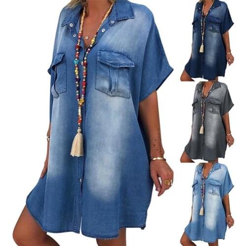Fashion Women Midi Dress Vintage Short Sleeve Pockets Single-breasted Irregular Loose Shirt Dress Summer Casual Denim Dresses