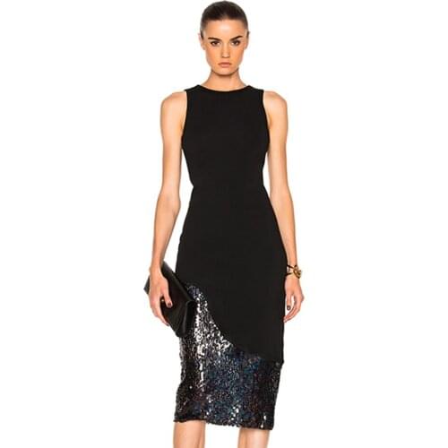 Dress 2020 Summer Dress Women O-Neck Sleeveless Patchwork Sequined Mid Calf Black Sexy Dress for Women Femme Robe