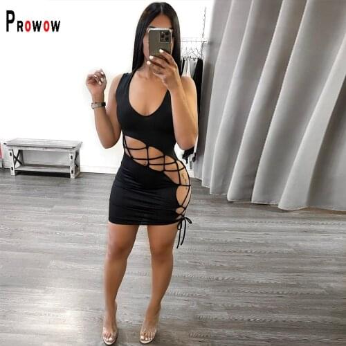 Prowow Sexy Bandage Summer Women Dress Black Color Sleeveless Streetwear Dresses for Ladies 2021 New Hollow Out Female Outfits