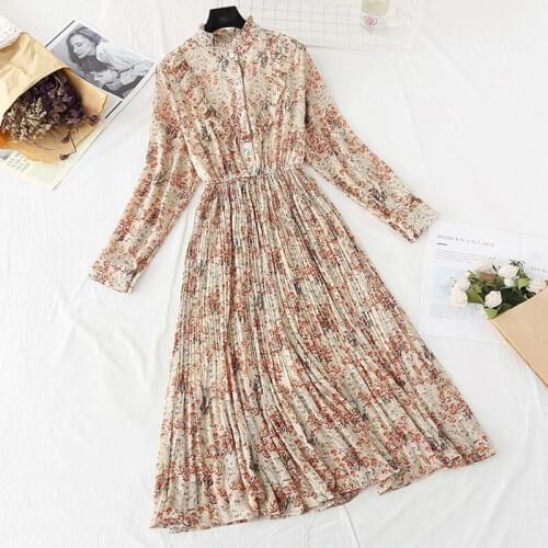 Spring summer women sweet Pleated dress elastic waist long sleeve button Ruffles print chiffon dress fashion casual Midi dresses