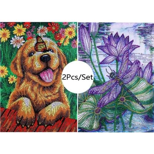 2Pcs/set 5D Special Shaped Diamond Painting Dog Butterfly Flowers Diamond Animal Diamond Embroidery Cross Stitch Decoration